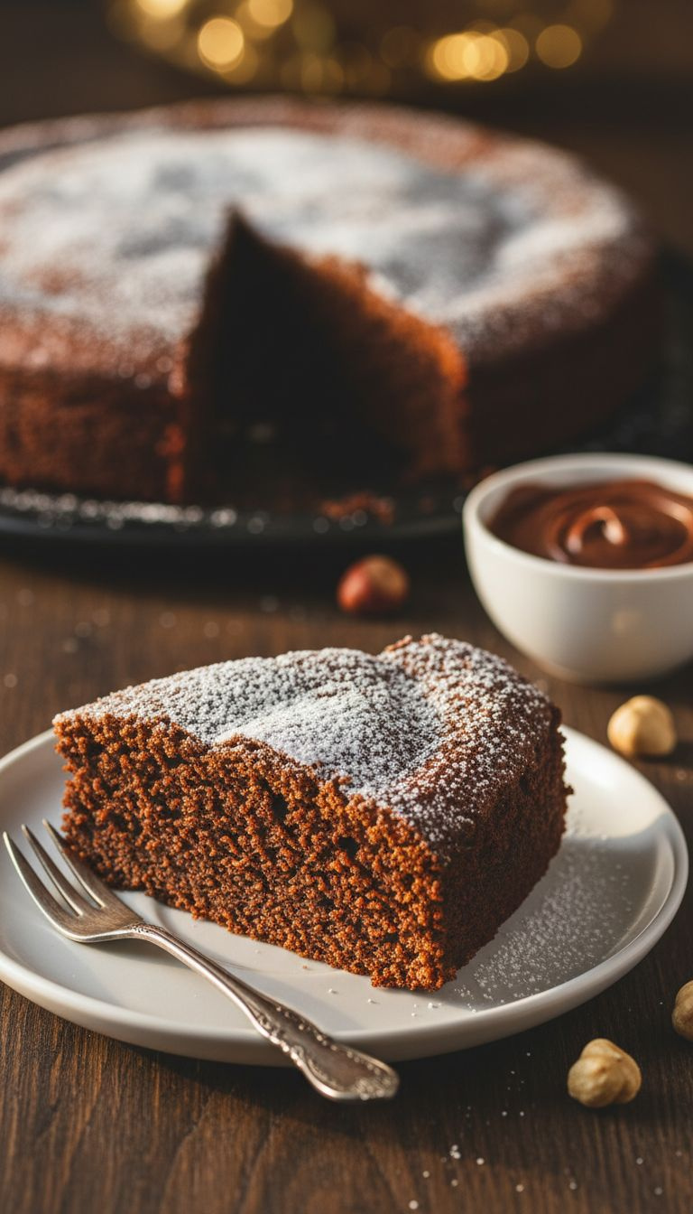 Delicious Fudgy Nutella Cake Slice Dusted With Powdered Sugar On A White Plate, Perfect Chocolate Dessert.