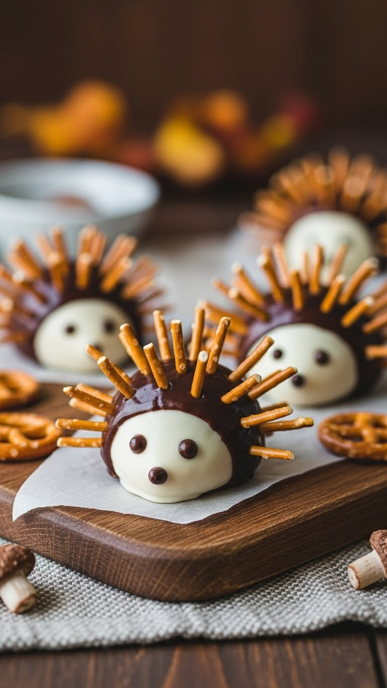 Delicious Hedgehog Donut Holes Covered In Chocolate Glaze With Pretzel Stick Spikes On Rustic Wooden Board