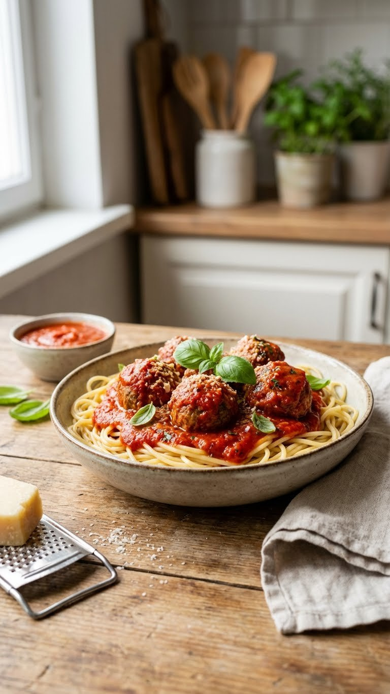 Delicious Homemade Instant Pot Marinara Meatballs, Rich Red Sauce, Spaghetti, And Fresh Basil On A Rustic Wooden Table.