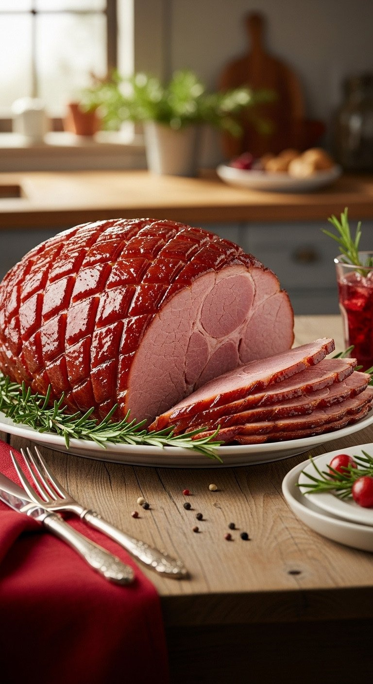 Delicious Honey-Glazed Spiral Ham, Richly Browned, Intricately Sliced On A Rustic Platter With Rosemary. Perfect Holiday Meal Centerpiece.