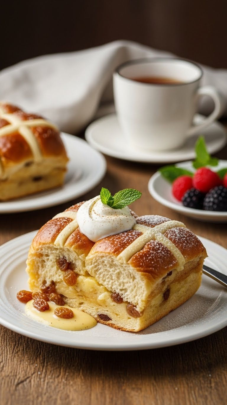 Delicious Hot Cross Bun Pudding With Creamy Custard Sauce And Golden Raisins In Individual Serving Bowl
