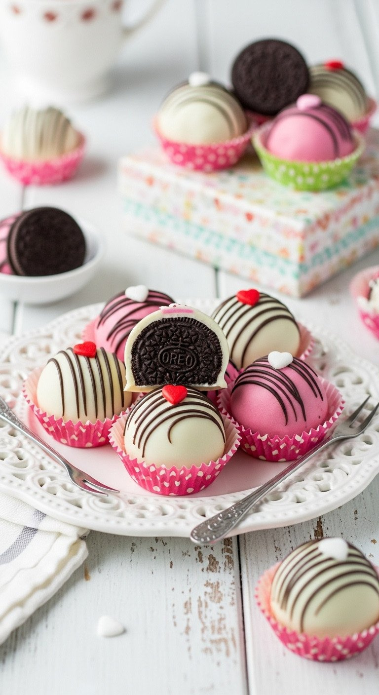 Delicious No-Bake Oreo Truffles, Half Dipped In White &Amp; Pink Chocolate, Garnished With A Red Heart, In Cupcake Liners.