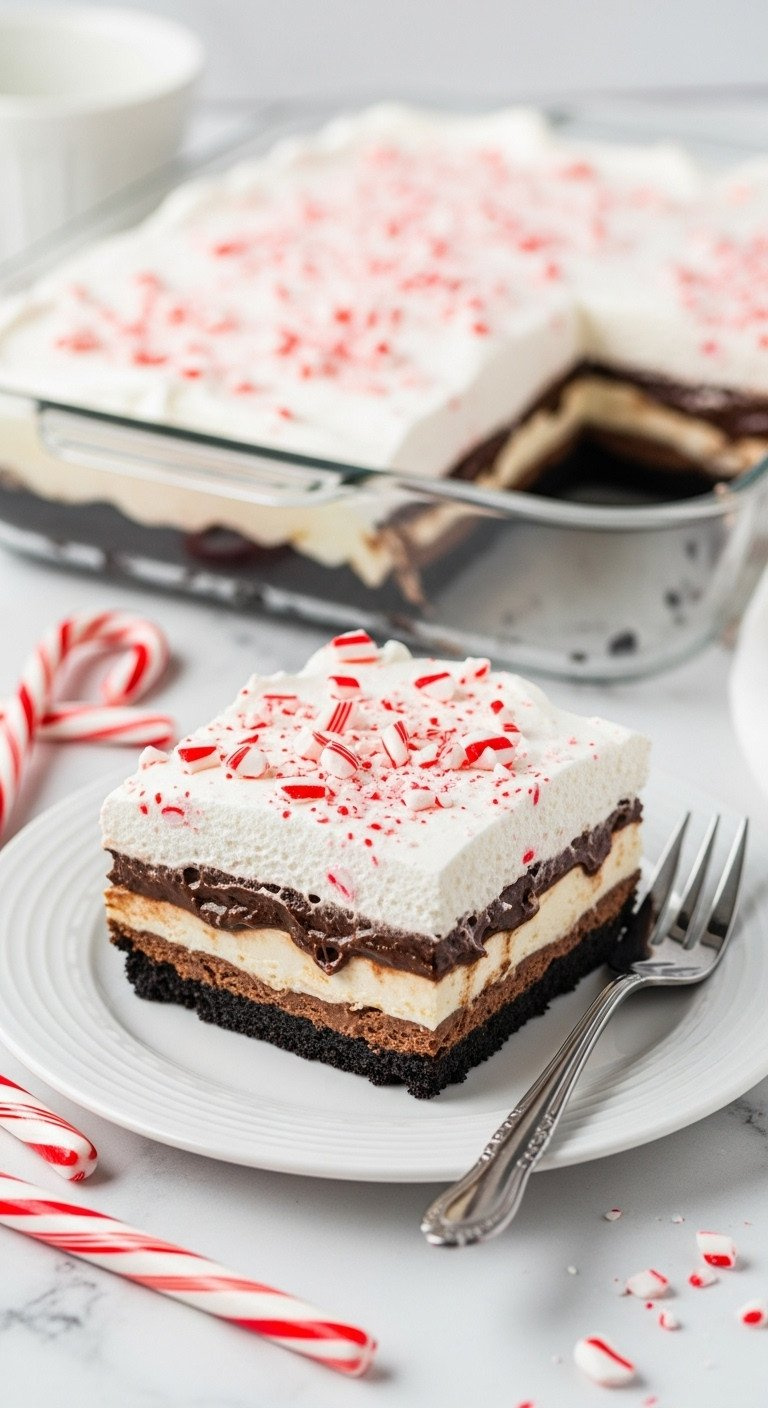 Delicious No-Bake Chocolate Peppermint Lasagna Slice With Layered Oreo Crust, Cream Cheese, And Candy Canes.