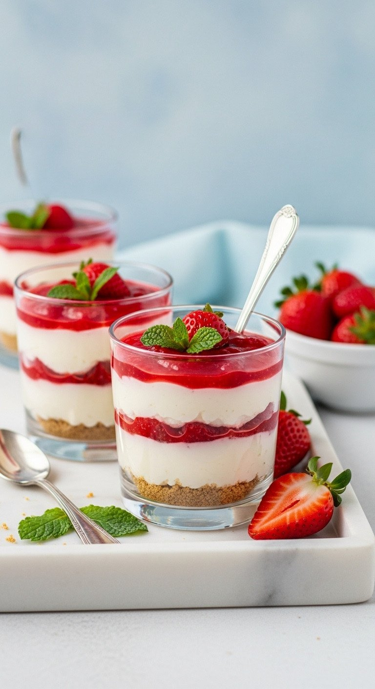 Delicious No-Bake Strawberry Cheesecake Cups Layered With Graham Cracker Crust, Creamy Filling, And Fresh Red Strawberries.