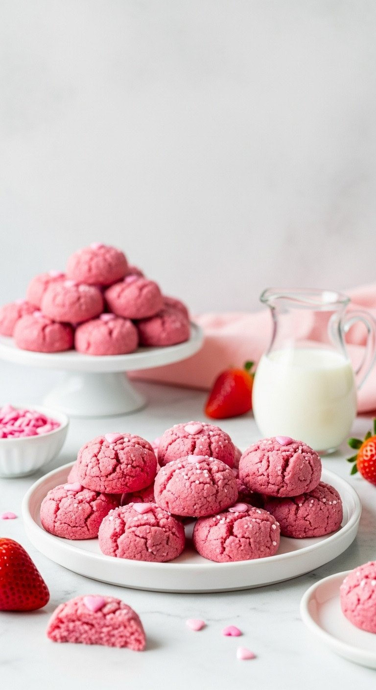 Delicious No-Bake Strawberry Fudge Cookies With Pink Heart Sprinkles On A White Platter With Fresh Strawberries, Perfect For Dessert.