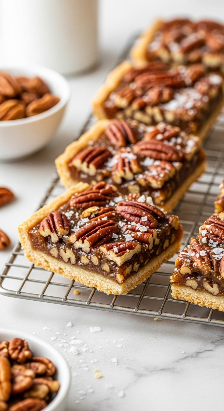 Delicious Pecan Pie Bars On A Cooling Rack, Showcasing Gooey Caramel Filling, Toasted Pecans, Buttery Shortbread Crust, Sea Salt.