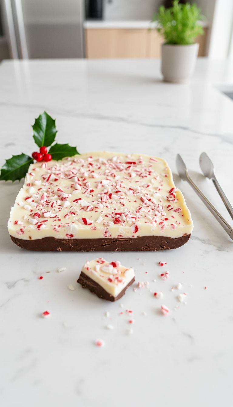 Delicious Peppermint Bark With White And Dark Chocolate Layers, Speckled With Red And White Candy Canes On A Marble Counter, Perfect For Holiday Dessert.