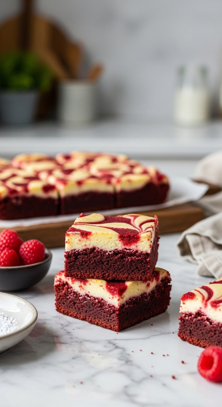 Delicious Red Velvet Brownies Featuring A Creamy White Cream Cheese Swirl, Rich Fudgy Texture, On Marble With Raspberries, Powdered Sugar.
