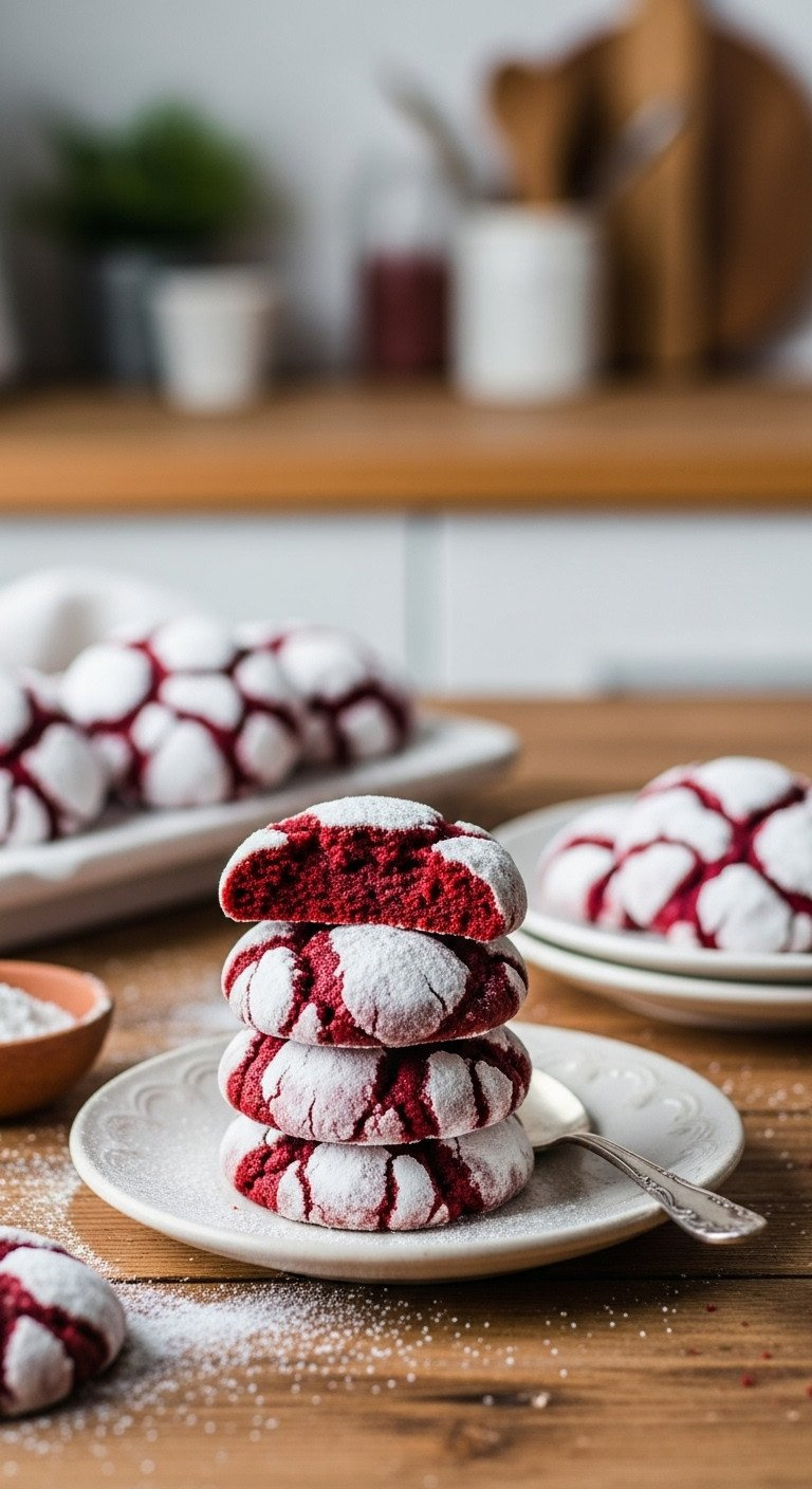 Delicious Red Velvet Crinkle Cookies, Heavily Dusted With Powdered Sugar, On A Rustic Wooden Table With A Blurred Kitchen Background, Evoking A Cozy Feeling.