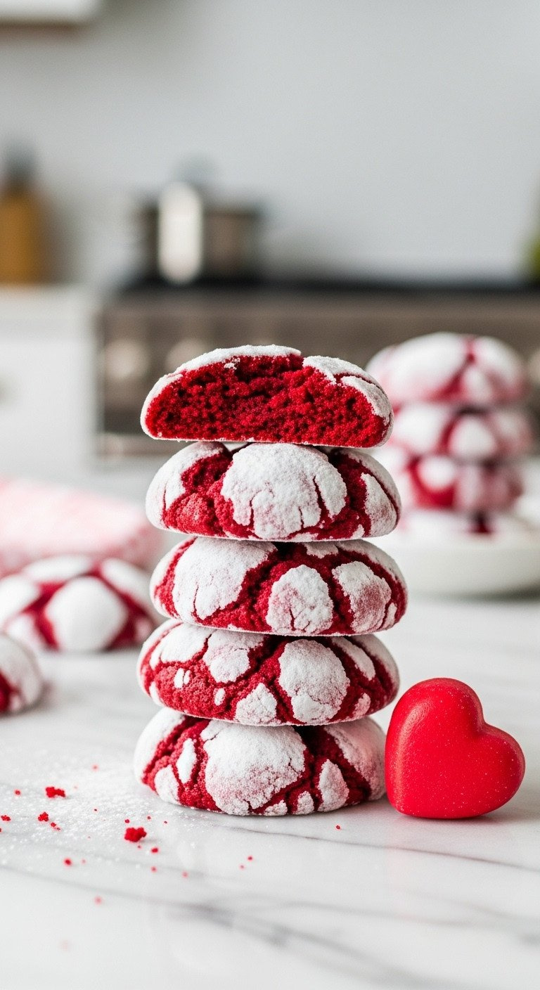 Delicious Red Velvet Crinkle Cookies With Cracked White Sugar, Rich Red Interior On Marble, Natural Light, Cozy Kitchen.