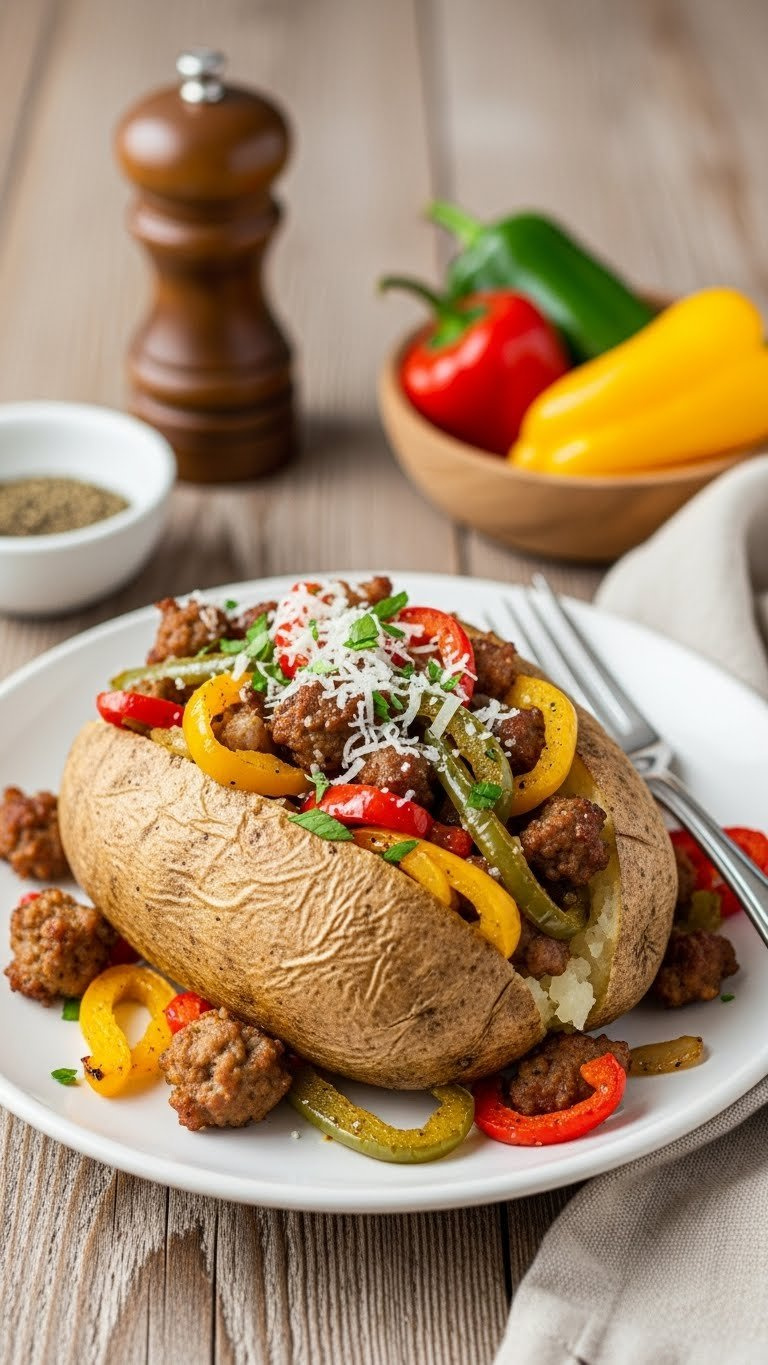 Delicious Sausage And Pepper Baked Potato With Parmesan Cheese On Rustic Wooden Table