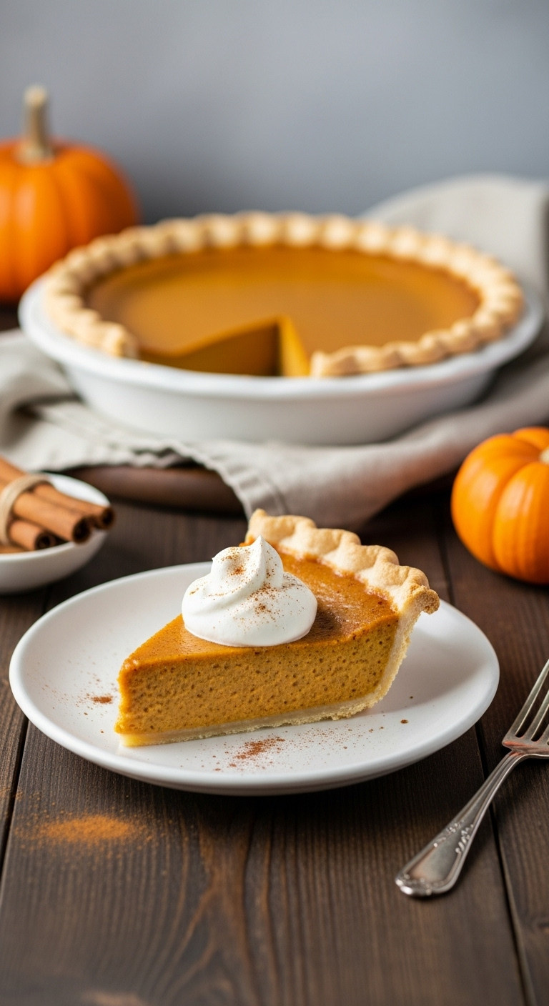 Delicious Slice Of Classic Pumpkin Pie With Whipped Cream, Flaky Crust, And Cinnamon On A Rustic Wooden Table For Thanksgiving Dessert.