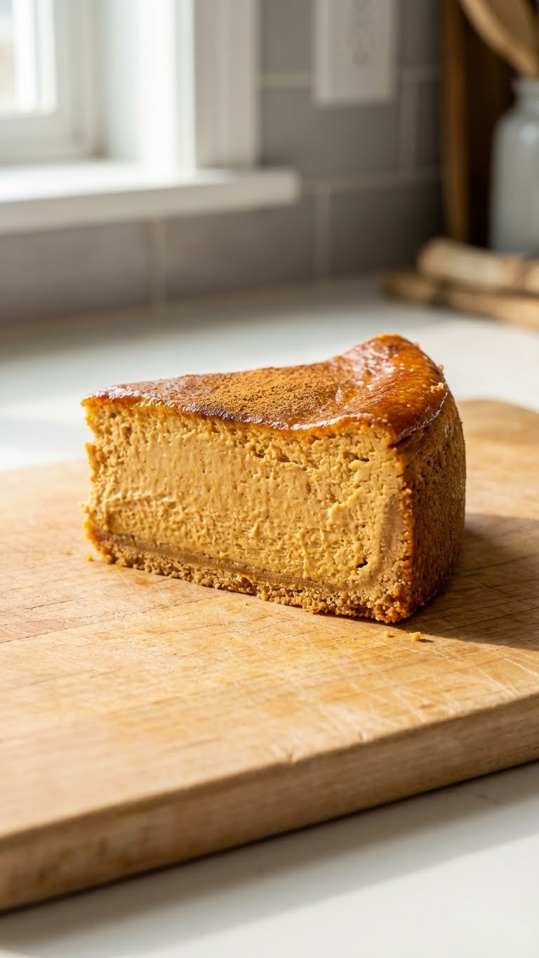 Delicious Slice Of Pumpkin Cheesecake On A Maple Wood Cutting Board, Featuring A Glossy Caramelized Edge And Cinnamon Dusting.