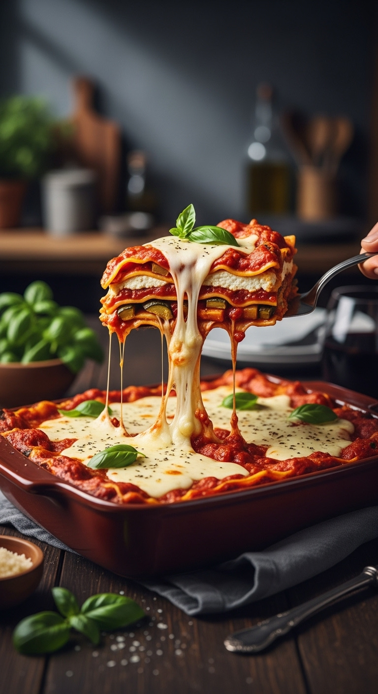 Delicious Vegetarian Lasagna Slice Lifted From Baking Dish With Stretching Cheese Roasted Vegetables Basil And Red Wine On Rustic Wood Table