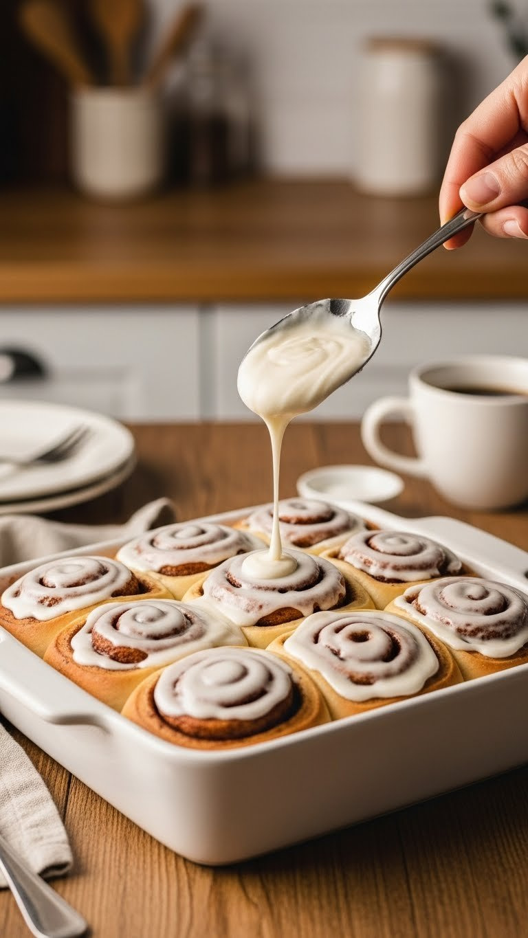 Delicious Warm Cinnamon Rolls With Thick, Melting Cream Cheese Frosting In A White Ceramic Pan On A Rustic Table, Ready To Eat.