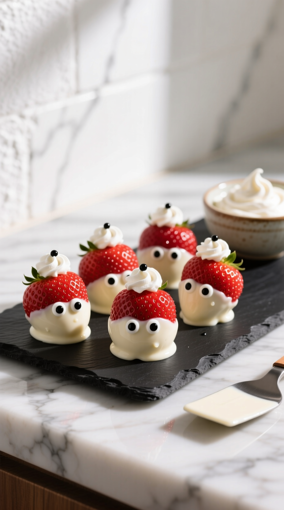 Delicious White Chocolate-Dipped Strawberry Santas With Whipped Cream And Edible Eyes On A Black Slate, Perfect Holiday Fruit Treat.
