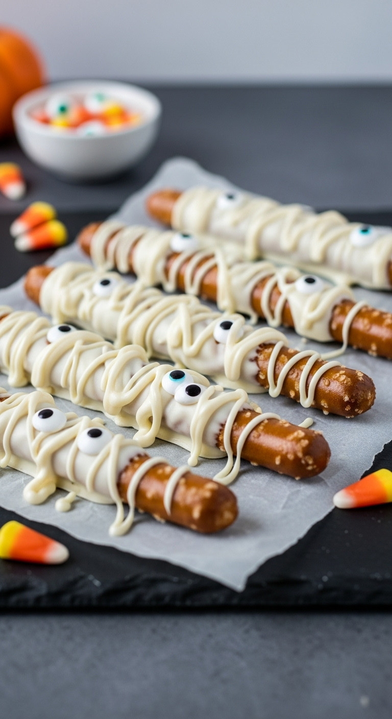 Delicious White Chocolate Mummy Pretzel Rods With Candy Eyeballs, Artfully Drizzled Like Bandages On Parchment Paper For Halloween.