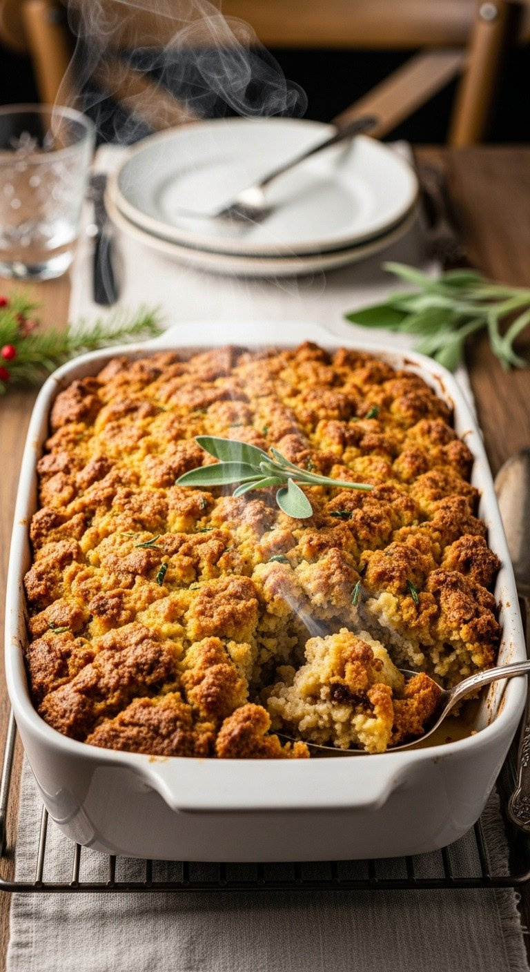 Deliciously Baked Golden-Brown Christmas Stuffing In A White Ceramic Dish, Crispy Top, Steam, Serving Spoon, Sage Garnish.