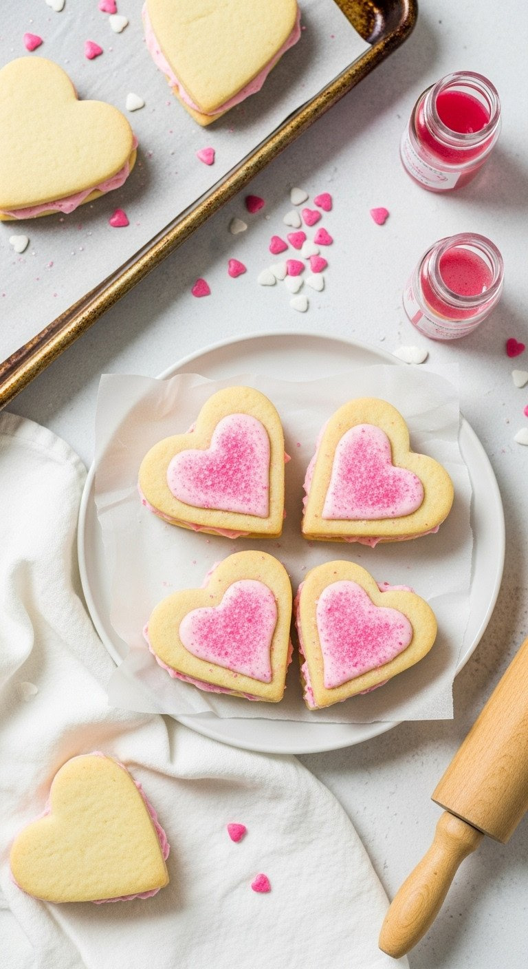 Delightful Heart-Shaped Sugar Cookie Sandwiches With Pink Vanilla Buttercream And Sanding Sugar, One Cut, On Parchment With Sprinkles.
