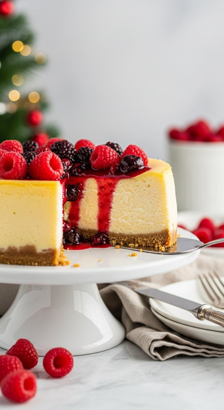 Dense, Creamy New York Cheesecake With Smooth Surface, Graham Cracker Crust, Drizzled With Red Berry Compote. Elegant Dessert.