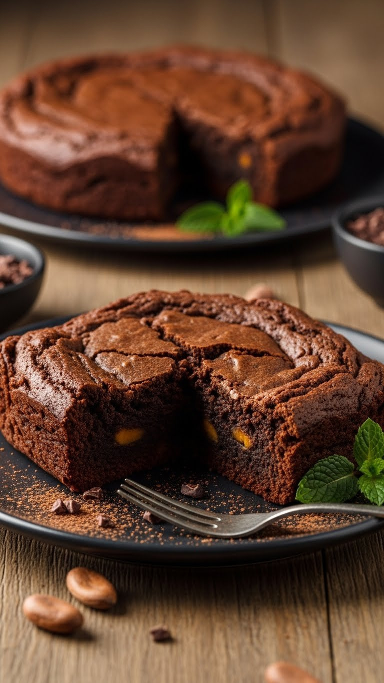 Dense Dark Superfood Sweet Potato Brownies With Cocoa Nibs On Dark Ceramic Plate With Rustic Background