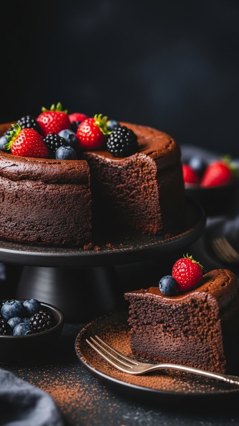 Dense Flourless Chocolate Cake With Glossy Surface Showing Fudgy Interior Slice On Dark Stand