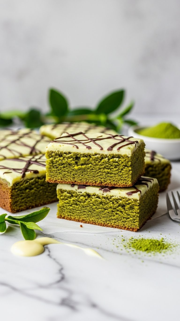 Dense, Fudgy Green Matcha Brownies With Crackled White Chocolate, On Marble With Tea Leaves And Green Tea Powder Drizzle.