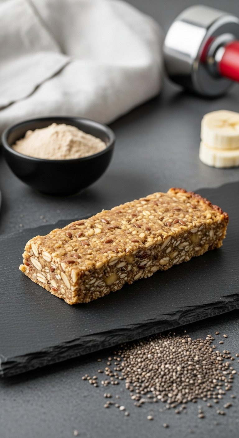 Dense High-Protein Banana Oatmeal Bar With Chia Seeds Resting On Dark Slate Surface With Fitness Equipment Nearby.