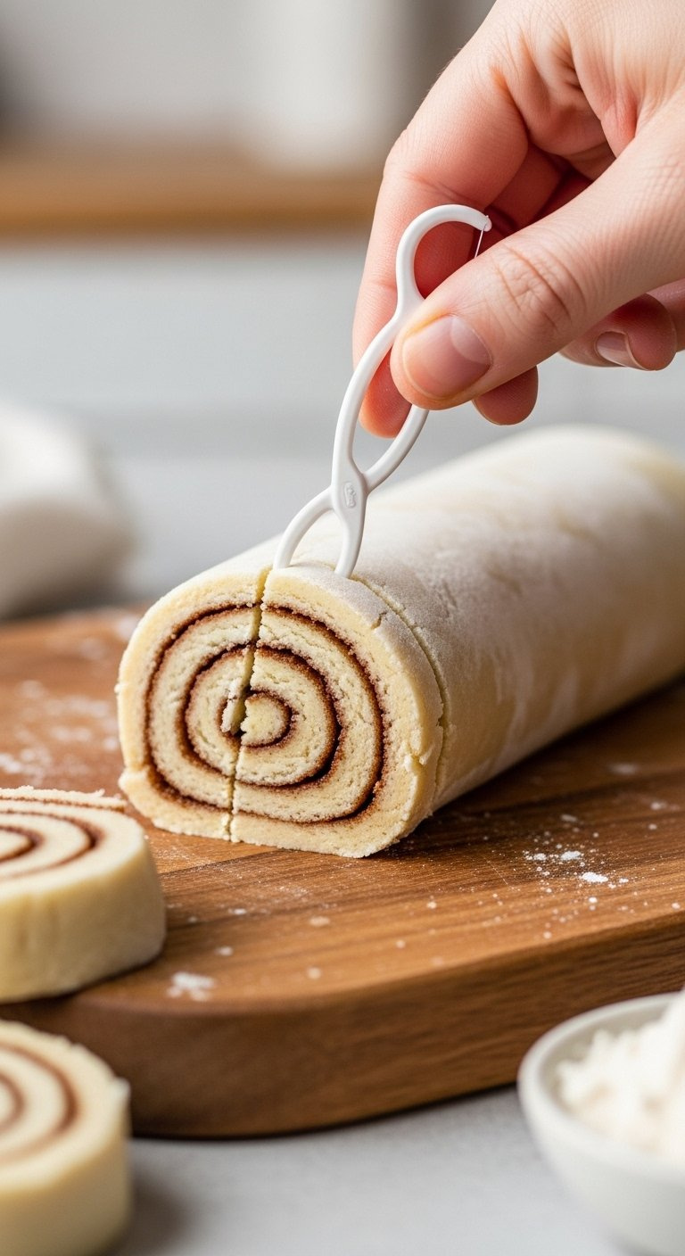 Dental Floss Slicing Through Chilled Cinnamon Roll Cookie Dough Log On Wooden Cutting Board.