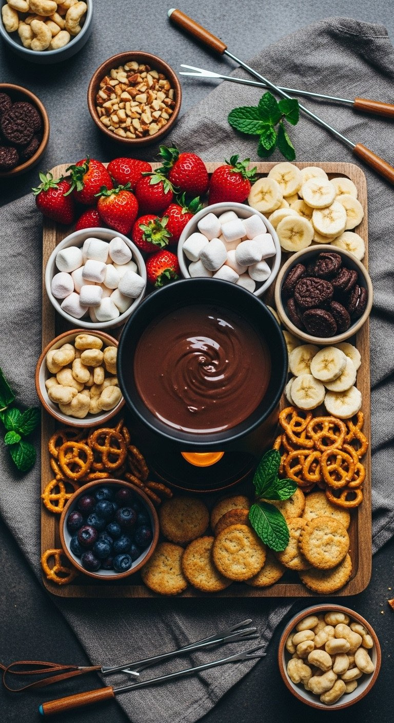 Dessert Fondue Board With Melted Chocolate, Strawberries, Marshmallows, Pretzels, Bananas, Cookies, And Nuts.