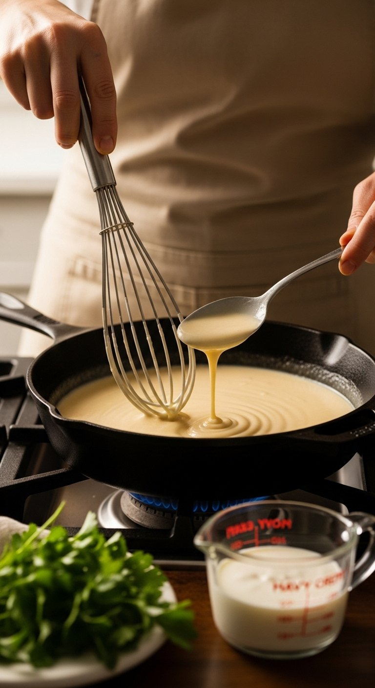 Detail Shot Of A Whisk Stirring A Thick Creamy White Sauce In A Cast-Iron Skillet On The Stove.