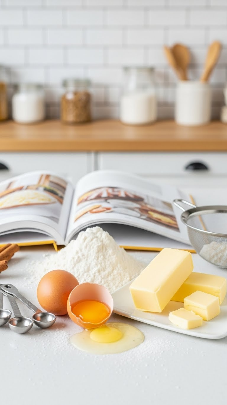 Detailed Baking Ingredient Vectors Showing Grains Of Sugar, Cracked Egg, And Flour With Sharp Textures On White Countertop
