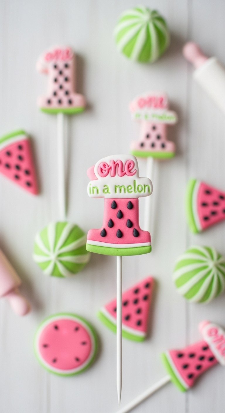 Detailed Fondant Watermelon Slice Toppers With Vibrant Colors And Tiny Black Seed Accents.