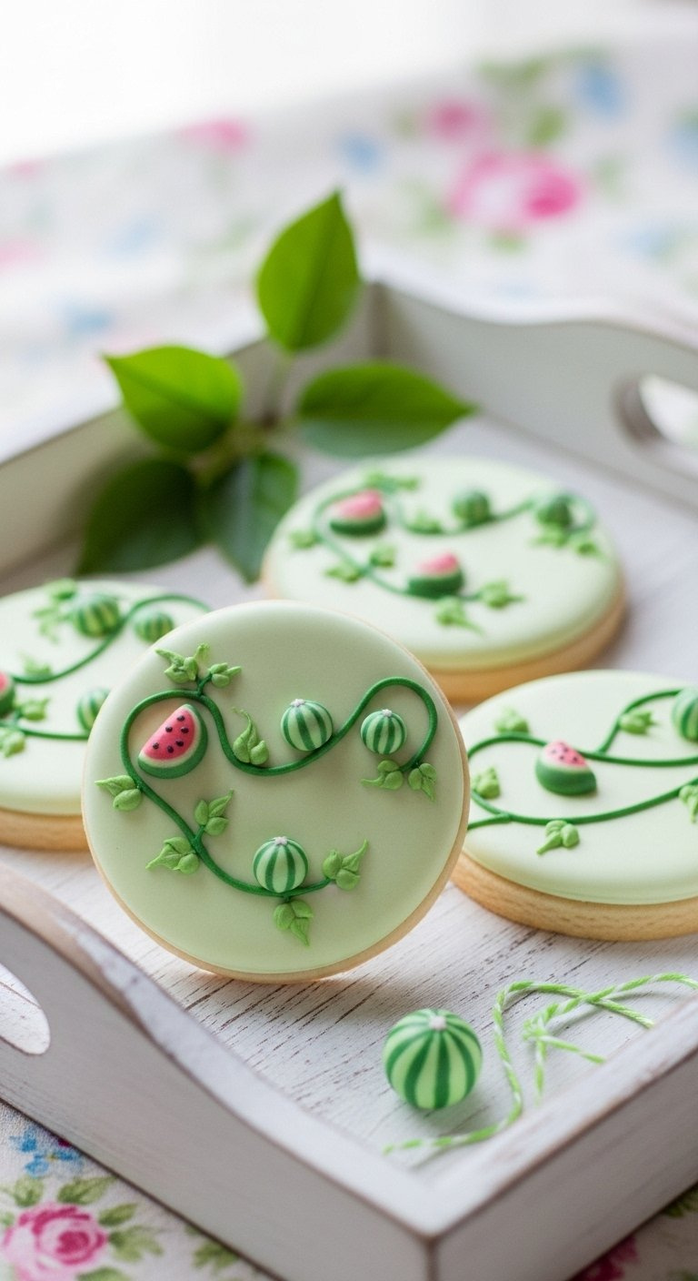 Detailed Sugar Cookies Decorated With Green Vines And Tiny Baby Watermelons Resting On A Distressed Wooden Tray.