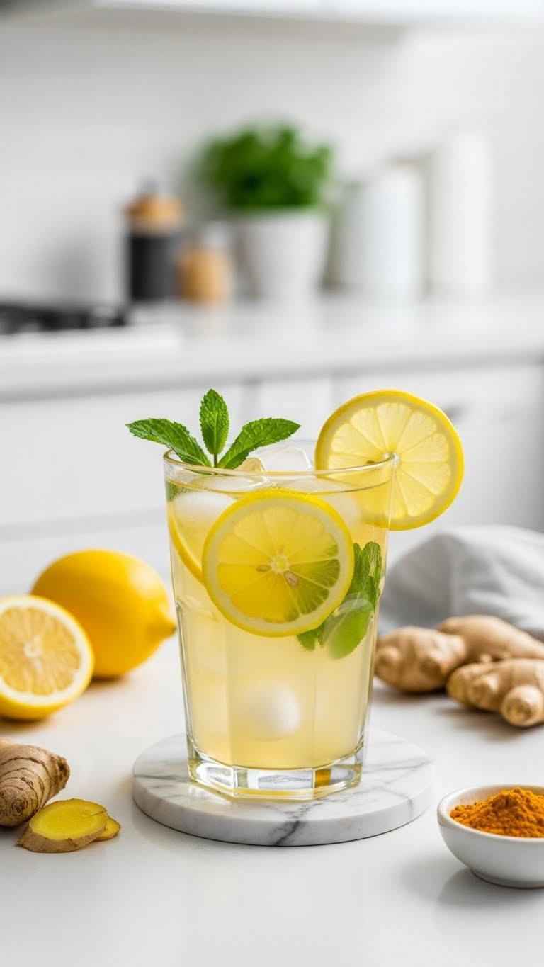 Detoxifying Lemon Ginger Turmeric Water With Fresh Slices In Clear Glass On White Countertop