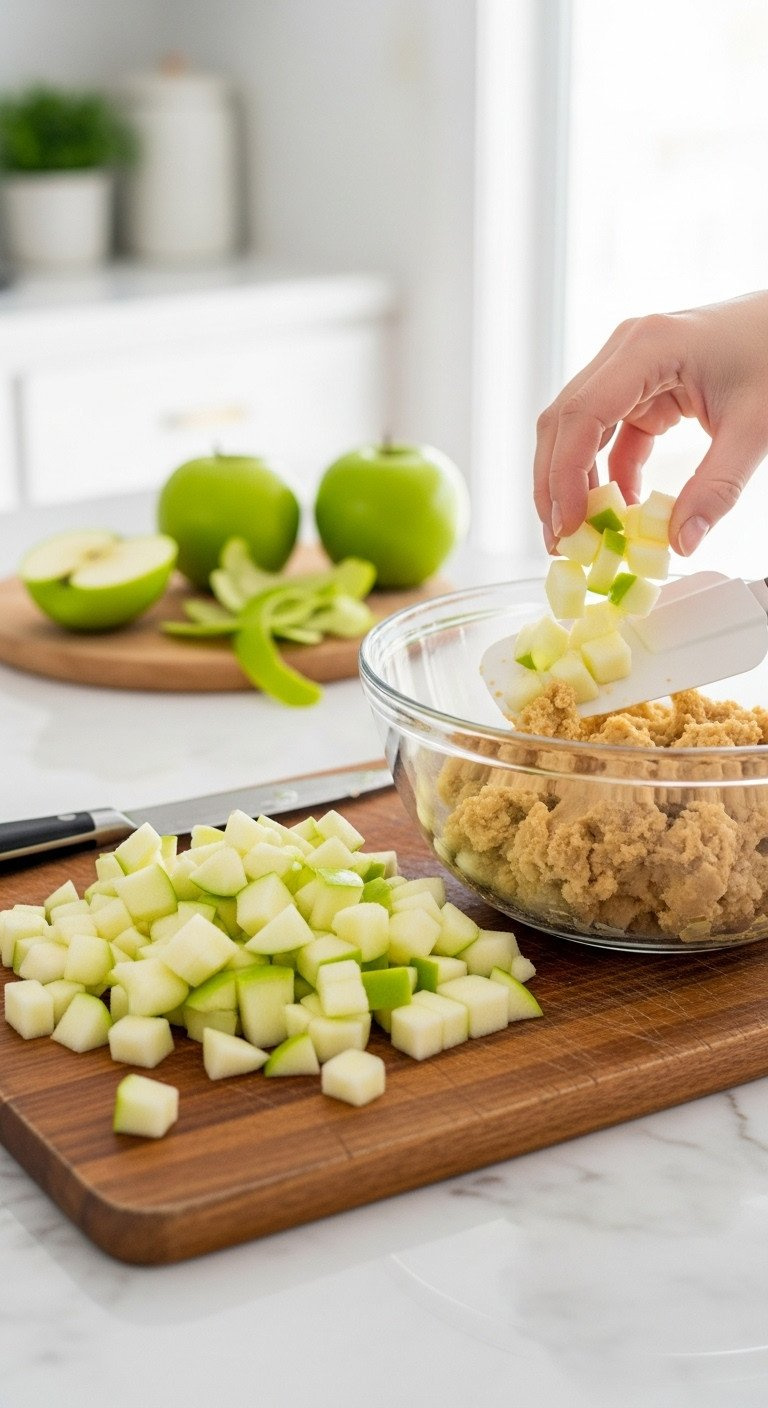 Diced Granny Smith Apples Folding Into Cookie Dough On Wooden Board. Spatula. Bright Kitchen Light For Apple Cookie Baking.