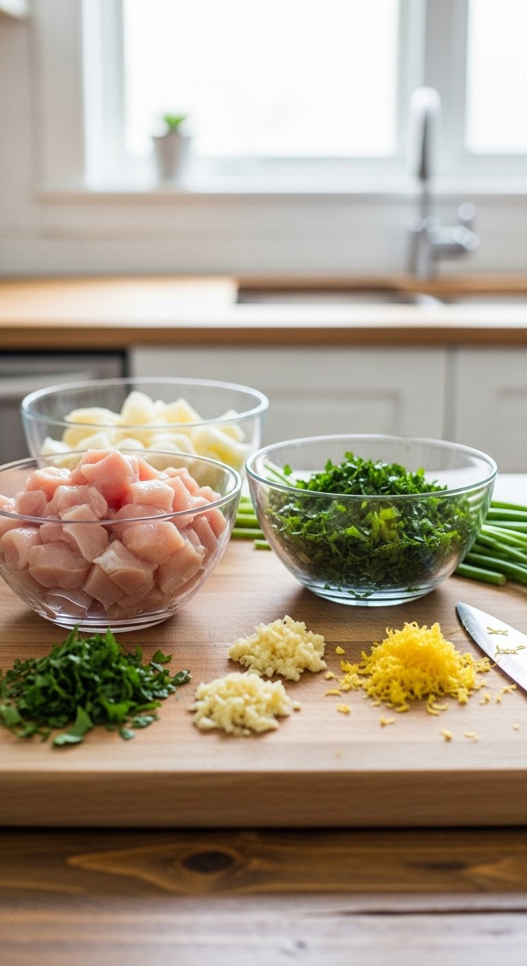 Diced Chicken, Chopped Parsley, Minced Garlic, And Lemon Zest Arranged On A Rustic Wooden Cutting Board.