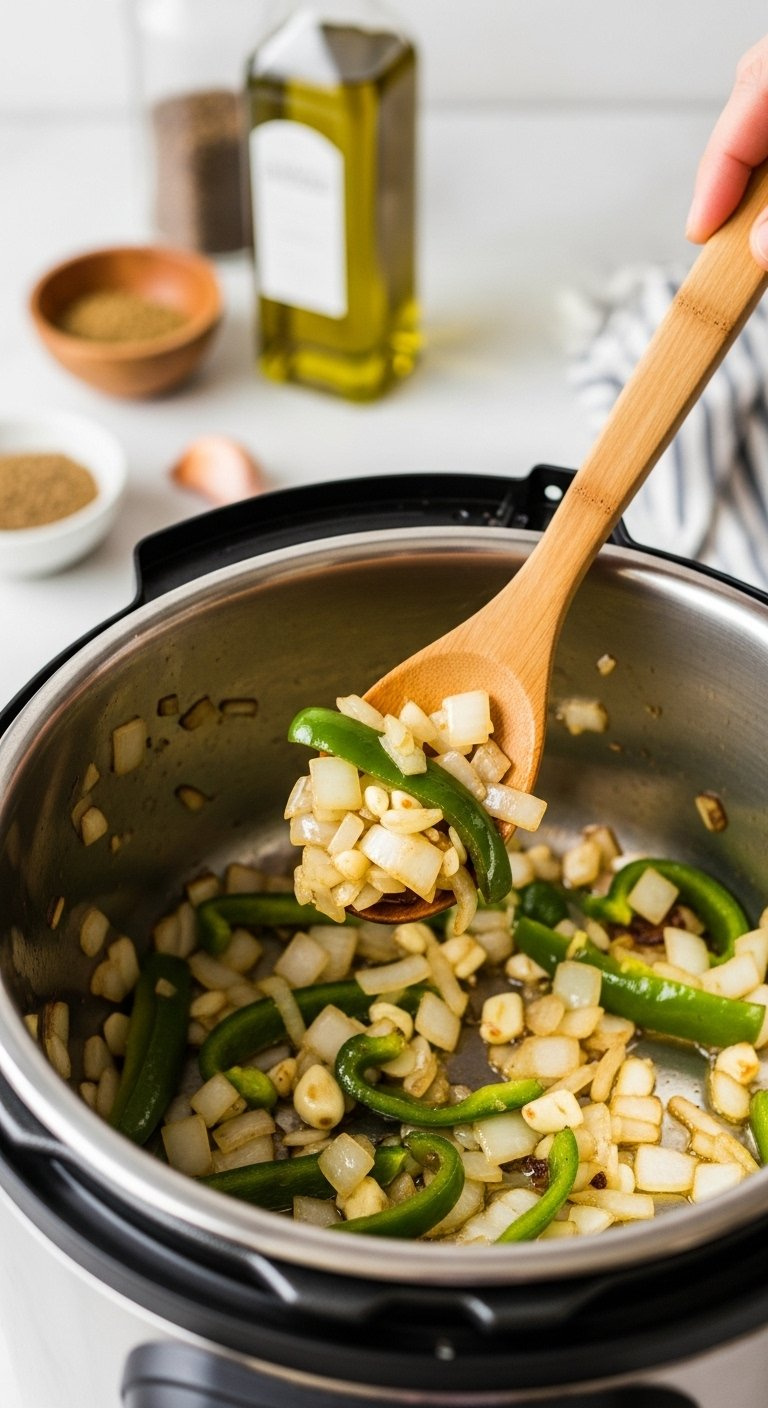 Diced Onions, Garlic, And Poblano Peppers Sizzling In Olive Oil Inside A Stainless Steel Instant Pot Liner.