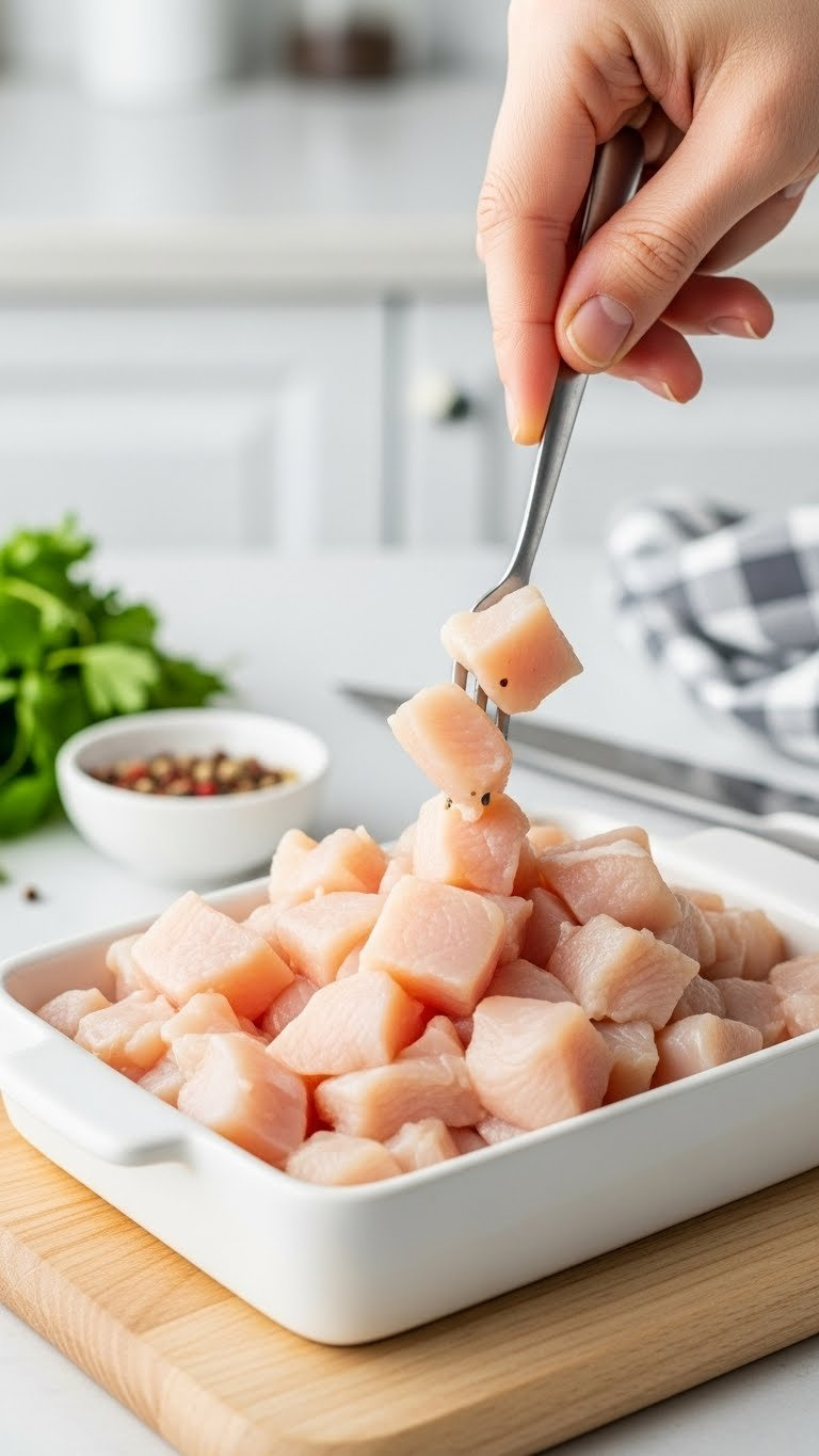 Diced Raw Or Lightly Seared Chicken Breast In A White Ceramic Bowl On A Light Wood Cutting Board With Kitchen Herbs, Ready For Cooking.