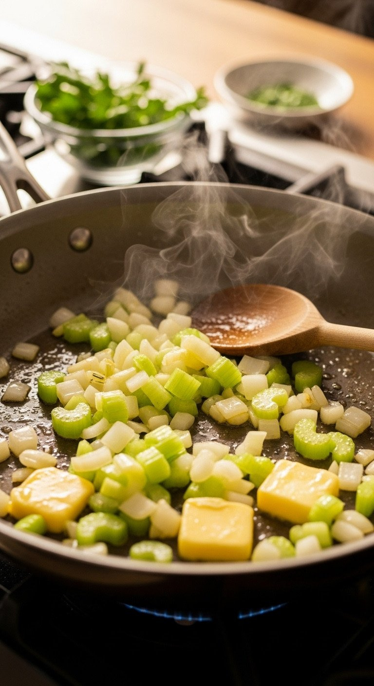 Diced Yellow Onions And Celery Sautéing In Shimmering Butter In A Hot Skillet, Steam Rising, With A Wooden Spoon &Amp; Parsley.