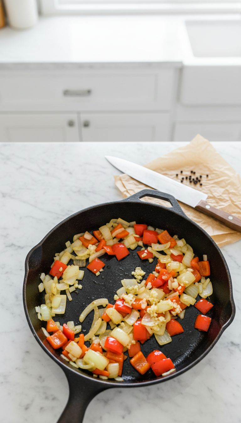 Diced Yellow Onions, Red Bell Peppers, Minced Garlic Sautéing In A Skillet, Glistening With Oil. Chef's Knife, Peppercorns, Marble Counter.