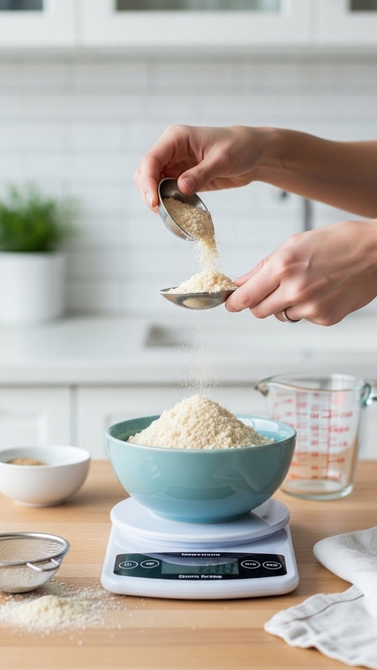 Digital Kitchen Scale Weighing Almond Flour With Measuring Cup In Background On Light Wooden Countertop For Precise Baking