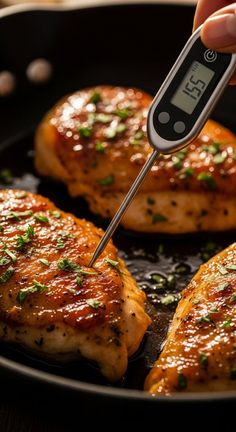 Digital Meat Thermometer Checking The Internal Temperature Of A Cooked Honey Garlic Chicken Cutlet In A Skillet.