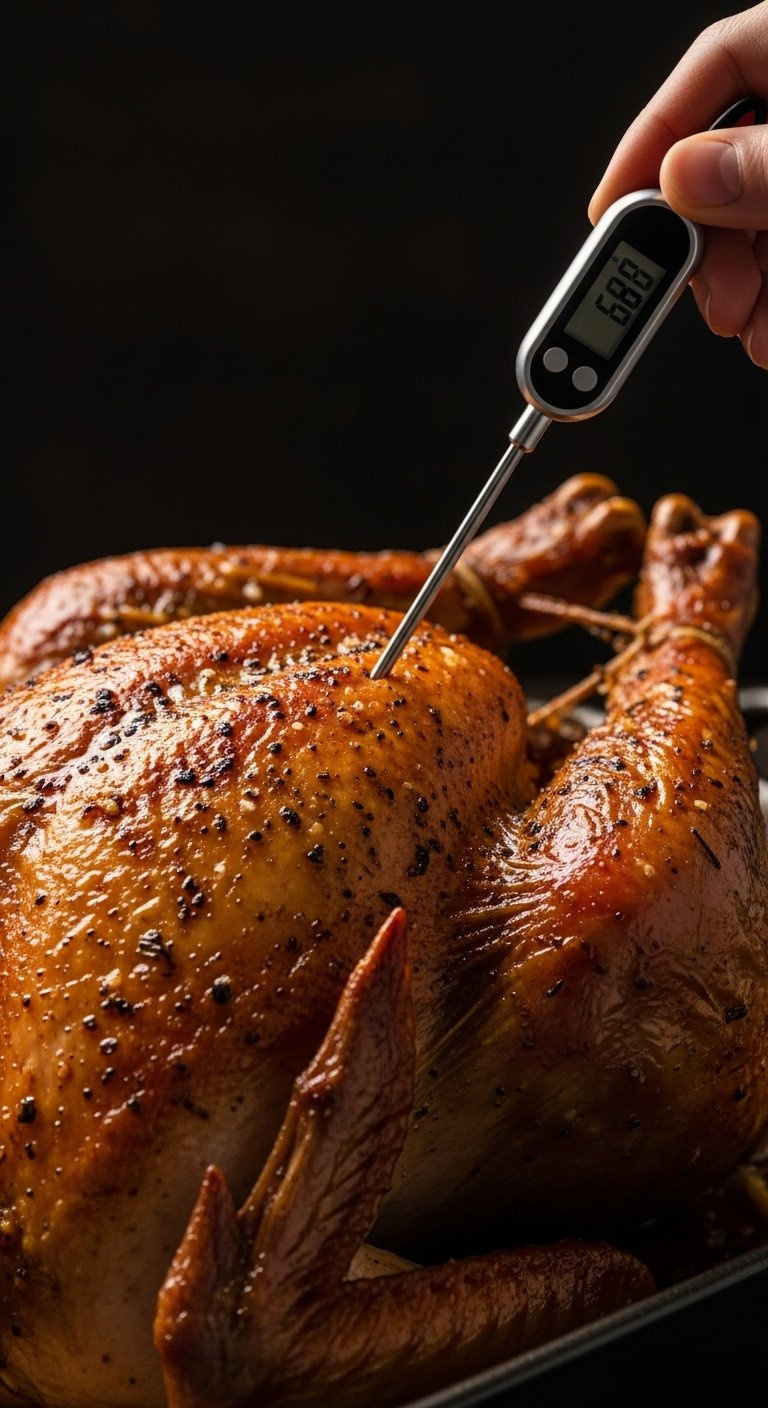 Digital Meat Thermometer In Roasted, Golden-Brown Turkey Thigh, Checking Doneness. Crispy Skin, Warm Light, Perfect For Holiday Meals.