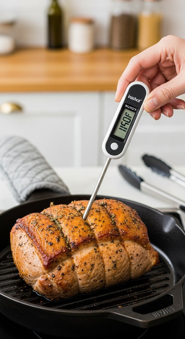 Digital Meat Thermometer In Roasted Pork Tenderloin In Cast Iron Skillet, Showing 140°F. Cooked Meat.