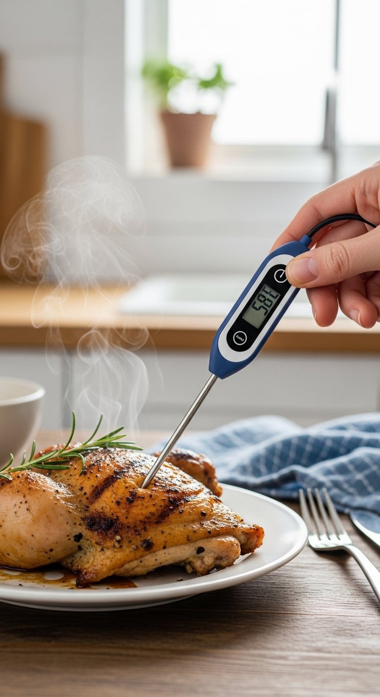 Digital Meat Thermometer Probe Inserted Into A Cooked Chicken Thigh To Check The Internal Temperature.