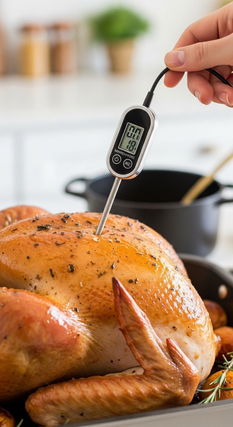 Digital Meat Thermometer Probe Inserted Into A Roasted Turkey Breast, Showing Internal Temperature For Precise Cooking.