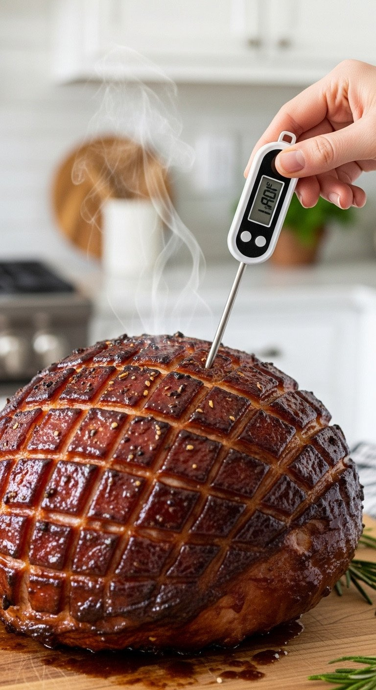 Digital Meat Thermometer Showing 140°F In Perfectly Cooked, Glossy Glazed Ham, Steam Rising From Carving Board, Ready For Serving.