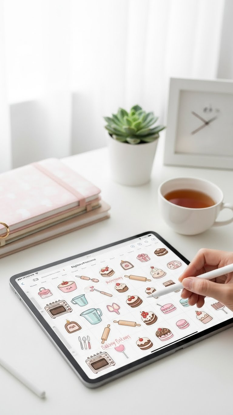 Digital Planner Interface With Cute Baking Clipart Stickers On Tablet Screen For Baking Task Organization