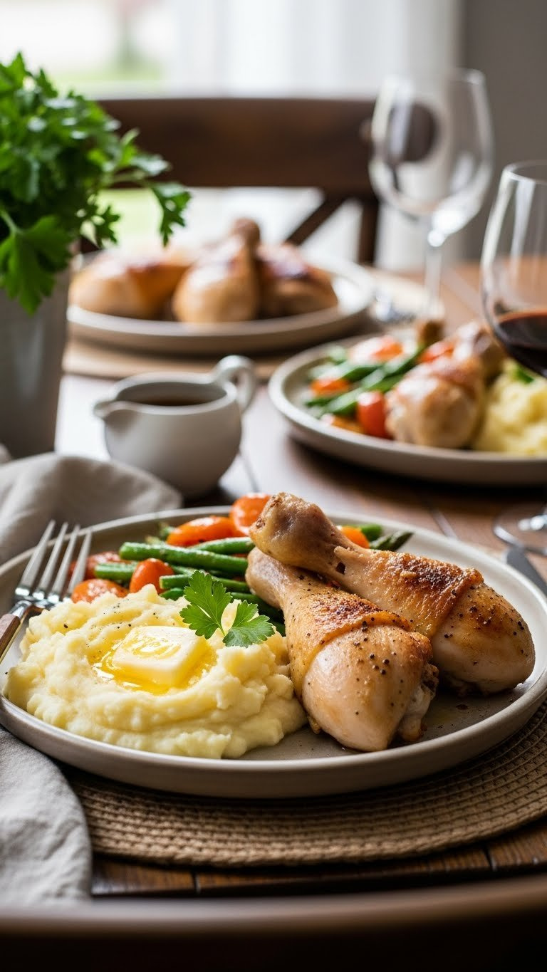 Dinner Plate With Crispy Baked Chicken Legs Served Alongside Mashed Potatoes And Roasted Vegetables